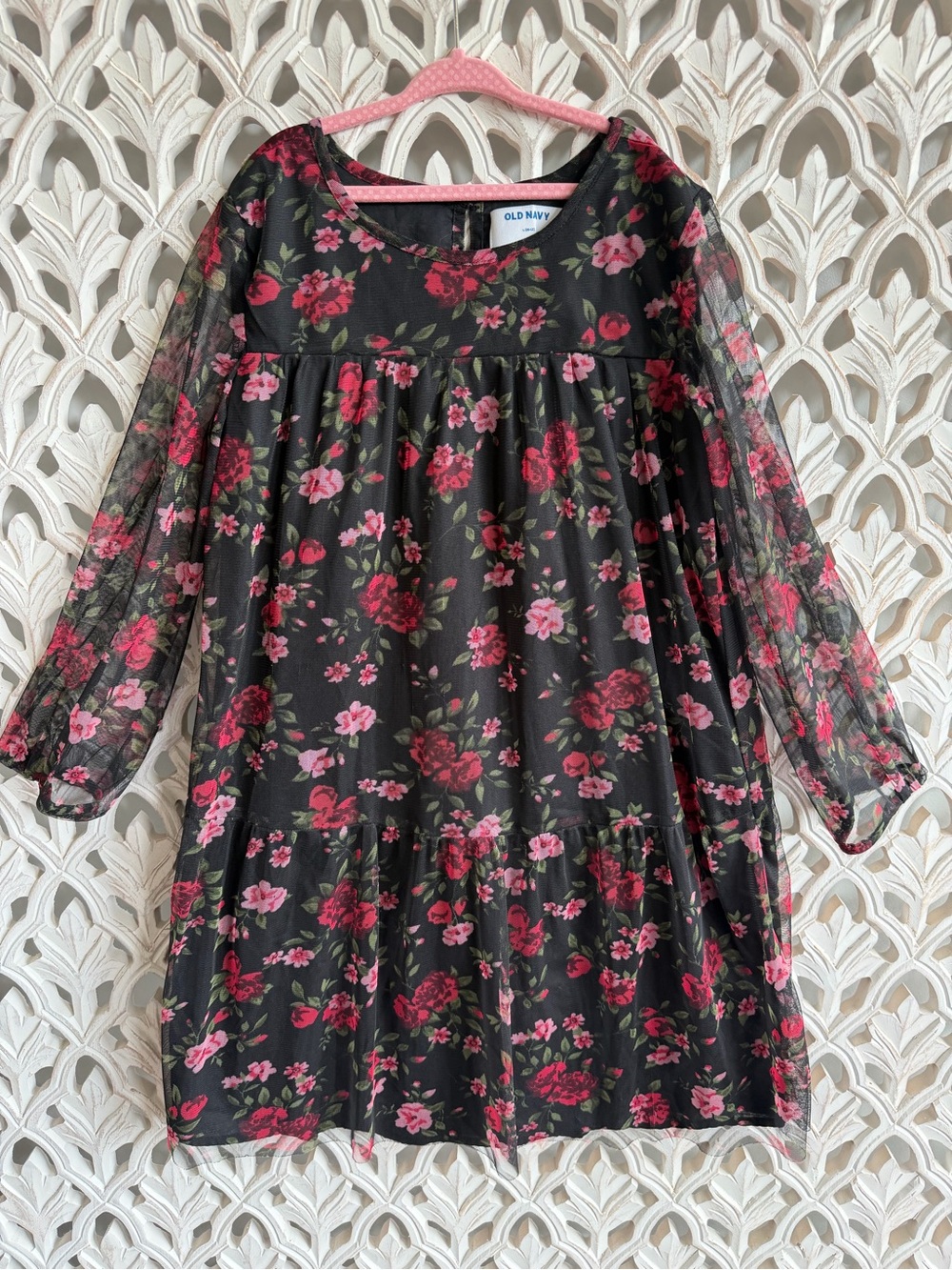 Old Navy Girls' Black Floral Mesh Sleeve Nice Dress - Pink & Red Flowers
